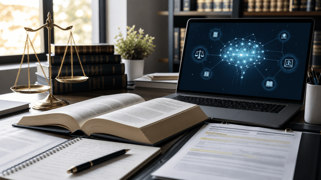 Estudio jurídico con libros, balanza de justicia y una laptop con una representación visual de inteligencia artificial aplicada al Derecho.